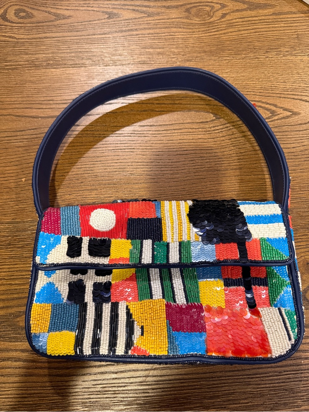 STAUD Multicolor Sequin Mosaic Shoulder Bag with Navy Strap